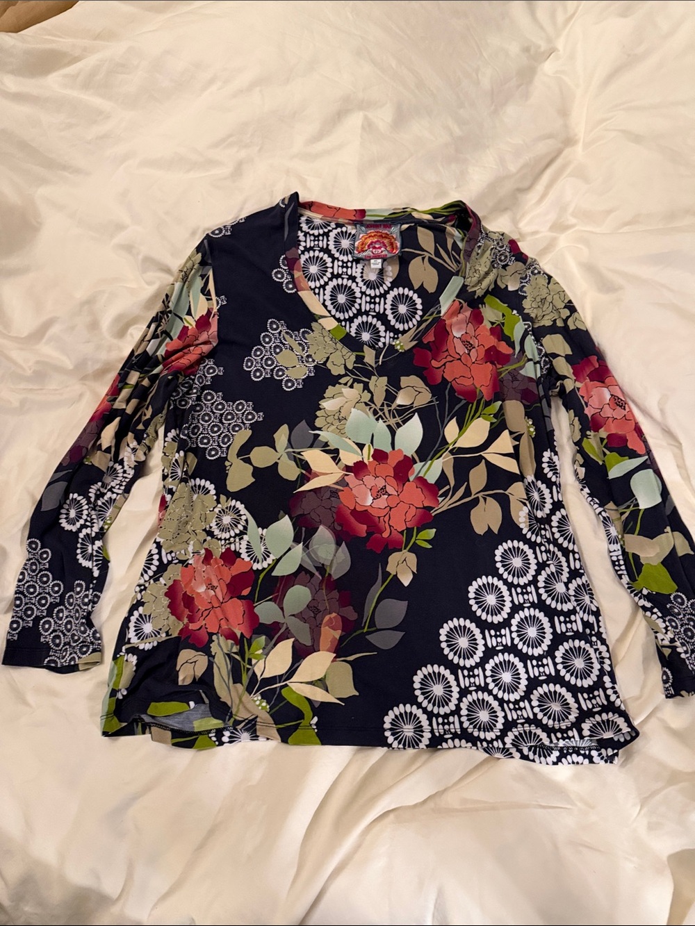 Johnny Was Sierra Black Floral V-Neck Long Sleeve Top with Red, Pink & Green